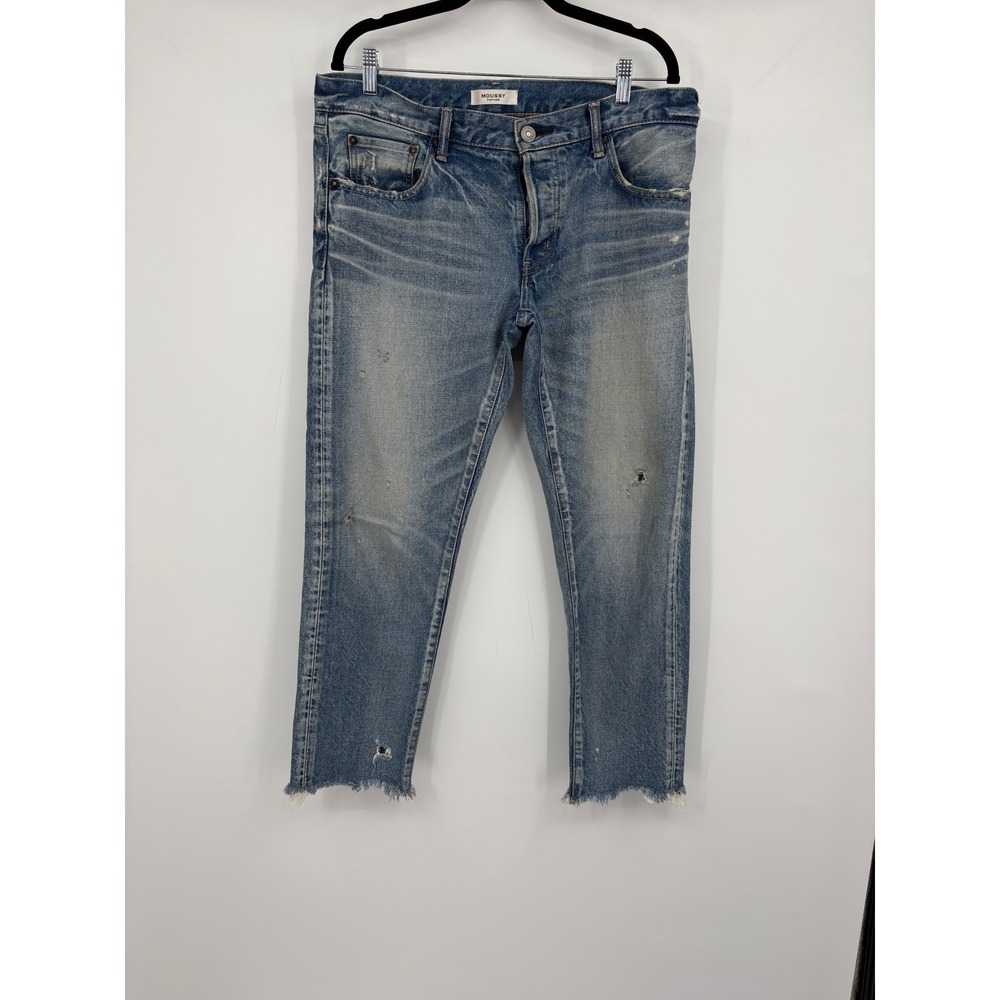 Moussy Vintage Blue Distressed Straight Leg Jeans Size 31 Made in Japan Frayed